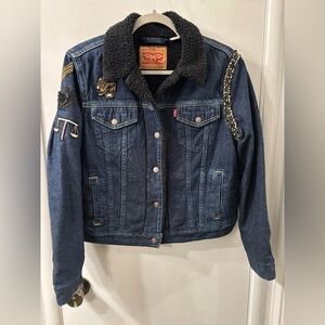 Levi Strauss Denim Trucker Jacket with Black Cozy Lining and Patchwork Design
